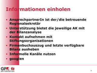 Informationen einholen

• AnsprechpartnerIn ist der/die betreuende
  Regionalsekretär
• Unterstützung bietet die jeweilige AK mit
  der Bilanzanalyse
• Kontakt aufnehmen mit
  Stiftungsorganisationen
• Firmenbuchauszug und letzte verfügbare
  Bilanz ausheben
• Informelle Kanäle nutzen
• googlen


                                              30
 