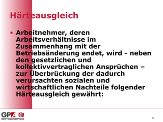 Härteausgleich

• Arbeitnehmer, deren
  Arbeitsverhältnisse im
  Zusammenhang mit der
  Betriebsänderung endet, wird - neben
  den gesetzlichen und
  kollektivvertraglichen Ansprüchen –
  zur Überbrückung der dadurch
  verursachten sozialen und
  wirtschaftlichen Nachteile folgender
  Härteausgleich gewährt:


                                         40
 