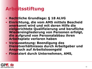 Arbeitsstiftung
• Rechtliche Grundlage: § 18 ALVG
• Einrichtung, die vom AMS mittels Bescheid
  anerkannt wird und mit deren Hilfe die
  zielgerichtete Qualifizierung und berufliche
  Wiedereingliederung von Personen erfolgt,
  die aufgrund von Personalabbau ihren
  Arbeitsplatz verloren haben
• Voraussetzung: Beendigung des
  Dienstverhältnisses durch Arbeitgeber und
  Anspruch auf Arbeitslosengeld
• Finanziert durch Unternehmen, AMS,



                                                 62
 