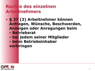 Rechte des einzelnen
Arbeitnehmers
• § 37 (2) Arbeitnehmer können
  Anfragen, Wünsche, Beschwerden,
  Anzeigen oder Anregungen beim
  - Betriebsrat
  - bei jedem seiner Mitglieder
  - beim Betriebsinhaber
  vorbringen




                                    8
 