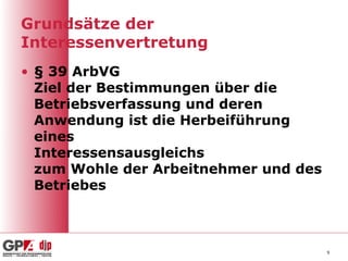 Grundsätze der
Interessenvertretung
• § 39 ArbVG
  Ziel der Bestimmungen über die
  Betriebsverfassung und deren
  Anwendung ist die Herbeiführung
  eines
  Interessensausgleichs
  zum Wohle der Arbeitnehmer und des
  Betriebes



                                       9
 