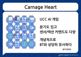 Carnage Heart
UCC AI 게임
분기도 있고
센서/액션 커맨드도 다양
개념적으로
BT와 상당히 유사하다
동작 동영상
 