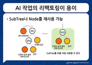AI 작업의 리팩토링이 용이
•SubTree나 Node를 재사용 가능
공격 상태이면
타겟이 공격 범위
안에 있으면
SEQ
공격
SEL
타겟에 접근
타겟이 공격 범위
안에 있으면
SEQ
공격
SubTree를 모듈 처럼 사용할 수 있다
 