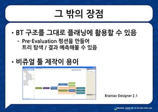 그 밖의 장점
•BT 구조를 그대로 플래닝에 활용할 수 있음
– Pre-Evaluation 펑션을 만들어
트리 탐색 / 결과 예측해볼 수 있음
•비쥬얼 툴 제작이 용이
Brainiac Designer 2.1
 