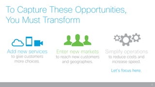 5
To Capture These Opportunities,
You Must Transform
Add new services
to give customers
more choices.
Enter new markets
to reach new customers
and geographies.
Simplify operations
to reduce costs and
increase speed.
Let’s focus here.
 