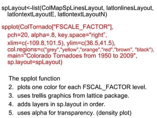 spLayout<-list(ColMapSpLinesLayout, latlonlinesLayout, latlontextLayoutE, latlontextLayoutN) spplot(ColTornado["FSCALE_FACTOR"],  pch=20, alpha=.8, key.space="right”, xlim=c(-109.8,101.5), ylim=c(36.5,41.5), col.regions= c("grey","yellow","orange","red","brown", "black"),  main="Colorado Tornadoes from 1950 to 2009", sp.layout=spLayout) The spplot function  plots one color for each FSCAL_FACTOR level. uses trellis graphics from lattice package. adds layers in sp.layout in order. uses alpha for transparency. (density plot)  