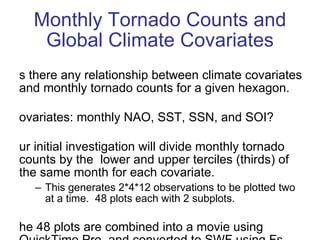 Monthly Tornado Counts and Global Climate Covariates Is there any relationship between climate covariates and monthly tornado counts for a given hexagon. Covariates: monthly NAO, SST, SSN, and SOI? Our initial investigation will divide monthly tornado counts by the  lower and upper terciles (thirds) of the same month for each covariate.  This generates 2*4*12 observations to be plotted two at a time.  48 plots each with 2 subplots. The 48 plots are combined into a movie using QuickTime Pro, and converted to SWF using Fs 