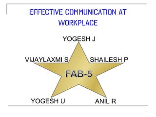 EFFECTIVE COMMUNICATION AT
         WORKPLACE

          YOGESH J


VIJAYLAXMI S     SHAILESH P




 YOGESH U         ANIL R
                              1
 