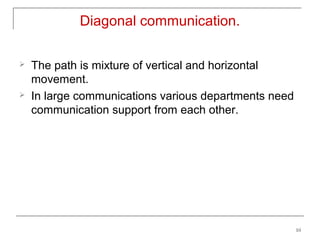Diagonal communication.

   The path is mixture of vertical and horizontal
    movement.
   In large communications various departments need
    communication support from each other.




                                                       10
 