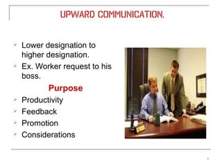 Upward communication.

   Lower designation to
    higher designation.
   Ex. Worker request to his
    boss.
           Purpose
   Productivity
   Feedback
   Promotion
   Considerations

                                      7
 