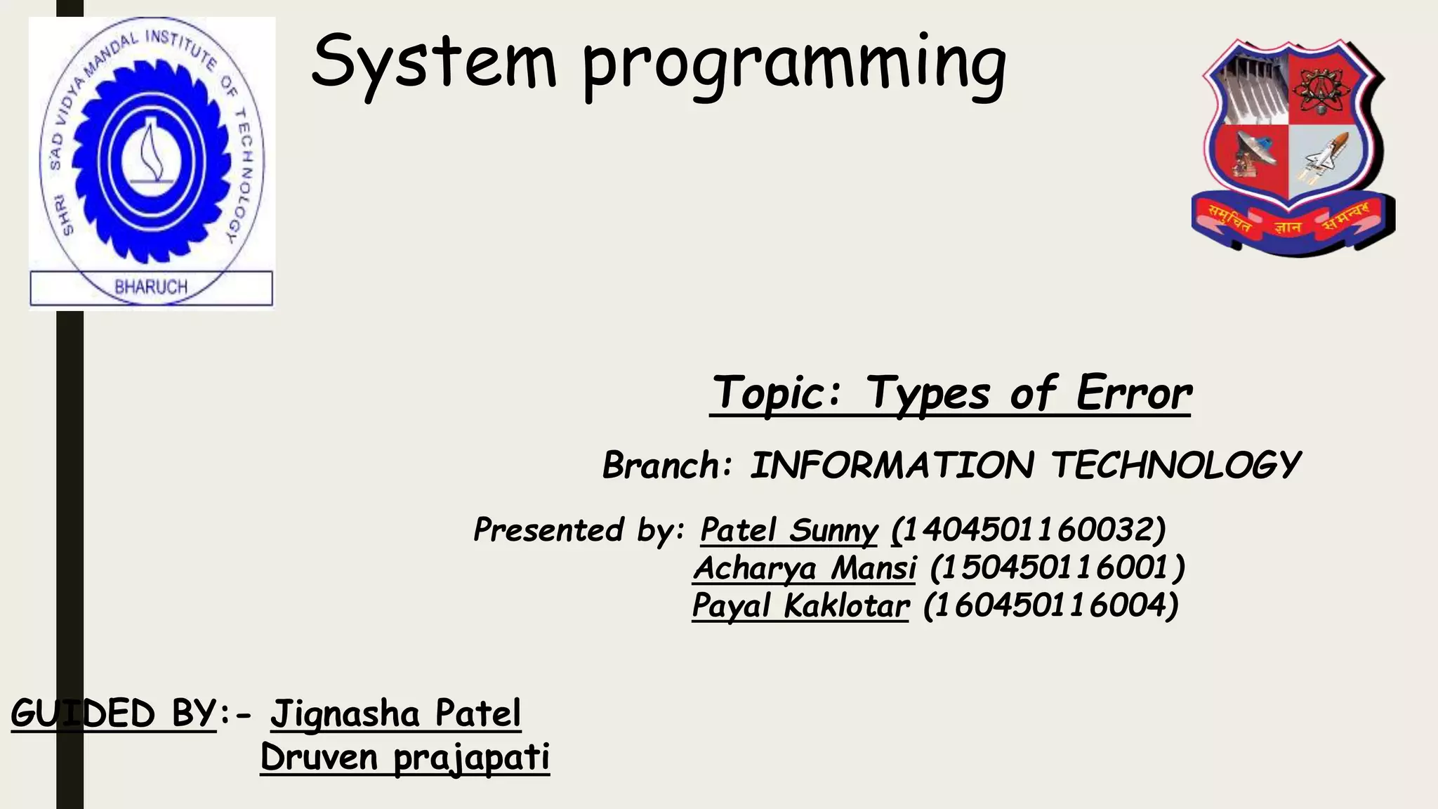 types of error | PPTX | Programming Languages | Computing