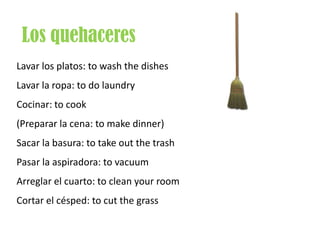 Los quehaceresLavar los platos: towashthedishesLavar la ropa: to do laundryCocinar: tocook(Preparar la cena: tomakedinner)Sacar la basura: totakeoutthetrashPasar la aspiradora: tovacuumArreglar el cuarto: tocleanyourroomCortar el césped: tocutthegrass