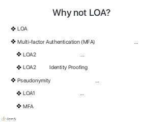 Why not LOA?
❖ LOA はスカラー
❖ Multi-factor Authentication (MFA) を要件とすると…
❖ LOA2 以上が必要になり…
❖ LOA2 での Identity Proofing が必要！
❖ Pseudonymity を確保したければ…
❖ LOA1 以下が必要になり…
❖ MFA を要件にできない！
 