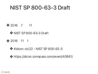 NIST SP 800-63-3 Draft 版翻訳
❖ 2016年7月∼11月
❖ NIST SP 800-63-3 Draft 版の翻訳
❖ 2016年11月1日
❖ #idcon vol.22 - NIST SP 800-63-3 分割、補完関係へ。
❖ https://idcon.connpass.com/event/40861/
 