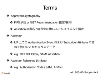 Terms
❖ Approved Cryptography
❖ FIPS 承認 or NIST Recommendation 指定/採用
❖ Assertion の署名 / 暗号化に用いるアルゴリズムを指定
❖ Assertion
❖ IdP ...