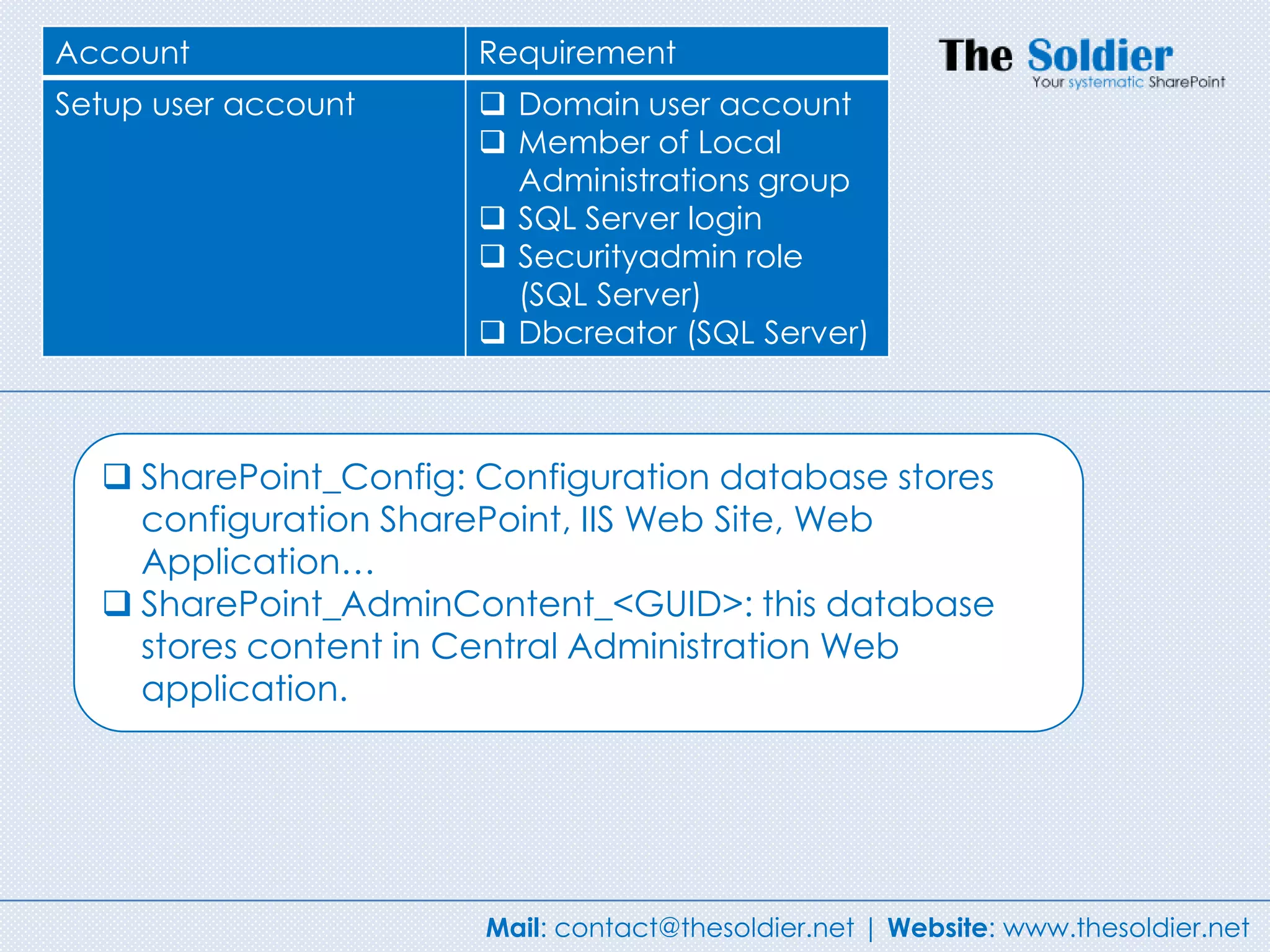 Account                Requirement
Setup user account      Domain user account
                        Member of Local
                         Administrations group
                        SQL Server login
                        Securityadmin role
                         (SQL Server)
                        Dbcreator (SQL Server)



   SharePoint_Config: Configuration database stores
    configuration SharePoint, IIS Web Site, Web
    Application…
   SharePoint_AdminContent_<GUID>: this database
    stores content in Central Administration Web
    application.




                       Mail: contact@thesoldier.net | Website: www.thesoldier.net
 