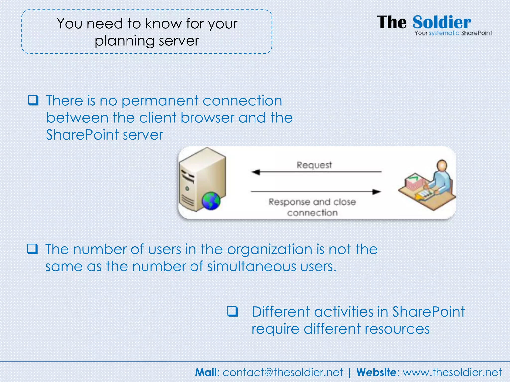 You need to know for your
         planning server



 There is no permanent connection
  between the client browser and the
  SharePoint server




 The number of users in the organization is not the
  same as the number of simultaneous users.


                              Different activities in SharePoint
                               require different resources

                        Mail: contact@thesoldier.net | Website: www.thesoldier.net
 