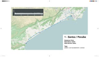 1 - Santos / Peruíbe
Distância: 81km
Nível físico: médio
Nível técnico: baixo
Tags:
asfalto / com acostamento / ciclovia
mapeamento_2.indd 3 8/4/15 11:52 AM
 