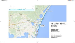 12 - Arroio do Sal /
Cidreira
Distância: 118km
Nível físico: alto
Nível técnico: baixo
Tags:
asfalto sem acostamento /
asfalto com acostamento /
estrade de terra
mapeamento_2.indd 41 8/4/15 11:52 AM
 