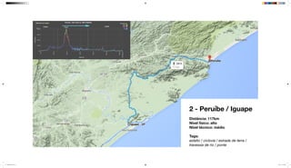 2 - Peruíbe / Iguape
Distância: 117km
Nível físico: alto
Nível técnico: médio
Tags:
asfalto / ciclovia / estrada de terra /
travessia de rio / ponte
mapeamento_2.indd 6 8/4/15 11:52 AM
 