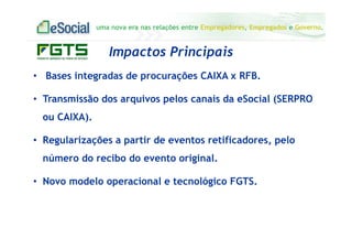 uma nova era nas relações entre Empregadores, Empregados e Governo.
Impactos Principais
• Bases integradas de procurações CAIXA x RFB.
• Transmissão dos arquivos pelos canais da eSocial (SERPRO
ou CAIXA).
• Regularizações a partir de eventos retificadores, pelo
número do recibo do evento original.
• Novo modelo operacional e tecnológico FGTS.
 