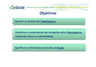 uma nova era nas relações entre Empregadores, Empregados e Governo.
Garantir os direitos dos Trabalhadores.
Qualificar as informações prestadas ao Estado.
Simplificar o cumprimento das obrigações pelos Empregadores,
reduzindo custos e a informalidade.
Objetivos
 