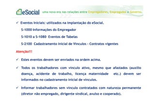 uma nova era nas relações entre Empregadores, Empregados e Governo.
Eventos Iniciais: utilizados na implantação do eSocial.
S-1000 Informações do Empregador
S-1010 a S-1080 Eventos de Tabelas
S-2100 Cadastramento inicial de Vínculos – Contratos vigentes
Atenção!!!
Estes eventos devem ser enviados na ordem acima.
Todos os trabalhadores com vínculo ativo, mesmo que afastados (auxílio
doença, acidente de trabalho, licença maternidade etc.) devem ser
informados no cadastramento inicial de vínculos.
Informar trabalhadores sem vínculo contratados com natureza permanente
(diretor não empregado, dirigente sindical, avulso e cooperado).
 