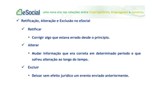 uma nova era nas relações entre Empregadores, Empregados e Governo.
Retificação, Alteração e Exclusão no eSocial
Retificar
• Corrigir algo que estava errado desde o princípio.
Alterar
• Mudar informação que era correta em determinado período e que
sofreu alteração ao longo do tempo.
Excluir
• Deixar sem efeito jurídico um evento enviado anteriormente.
 