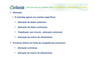 uma nova era nas relações entre Empregadores, Empregados e Governo.
Alteração
• É realizada apenas em eventos específicos:
• Alteração de dados cadastrais.
• Alteração de dados contratuais.
• Trabalhador sem vínculo – alteração contratual.
• Alteração de motivo de afastamento.
Prováveis efeitos em folha de competências anteriores:
• Alteração contratual.
• Alteração de motivo de afastamento.
 