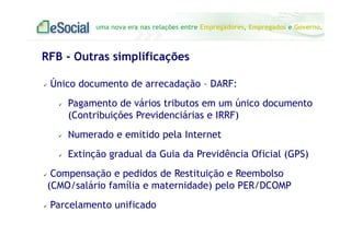 uma nova era nas relações entre Empregadores, Empregados e Governo.
Único documento de arrecadação – DARF:
Pagamento de vários tributos em um único documento
(Contribuições Previdenciárias e IRRF)
Numerado e emitido pela Internet
Extinção gradual da Guia da Previdência Oficial (GPS)
Compensação e pedidos de Restituição e Reembolso
(CMO/salário família e maternidade) pelo PER/DCOMP
Parcelamento unificado
RFB - Outras simplificações
 