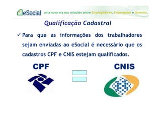 uma nova era nas relações entre Empregadores, Empregados e Governo.
Qualificação Cadastral
CPF
Para que as informações dos trabalhadores
sejam enviadas ao eSocial é necessário que os
cadastros CPF e CNIS estejam qualificados.
CNIS
 