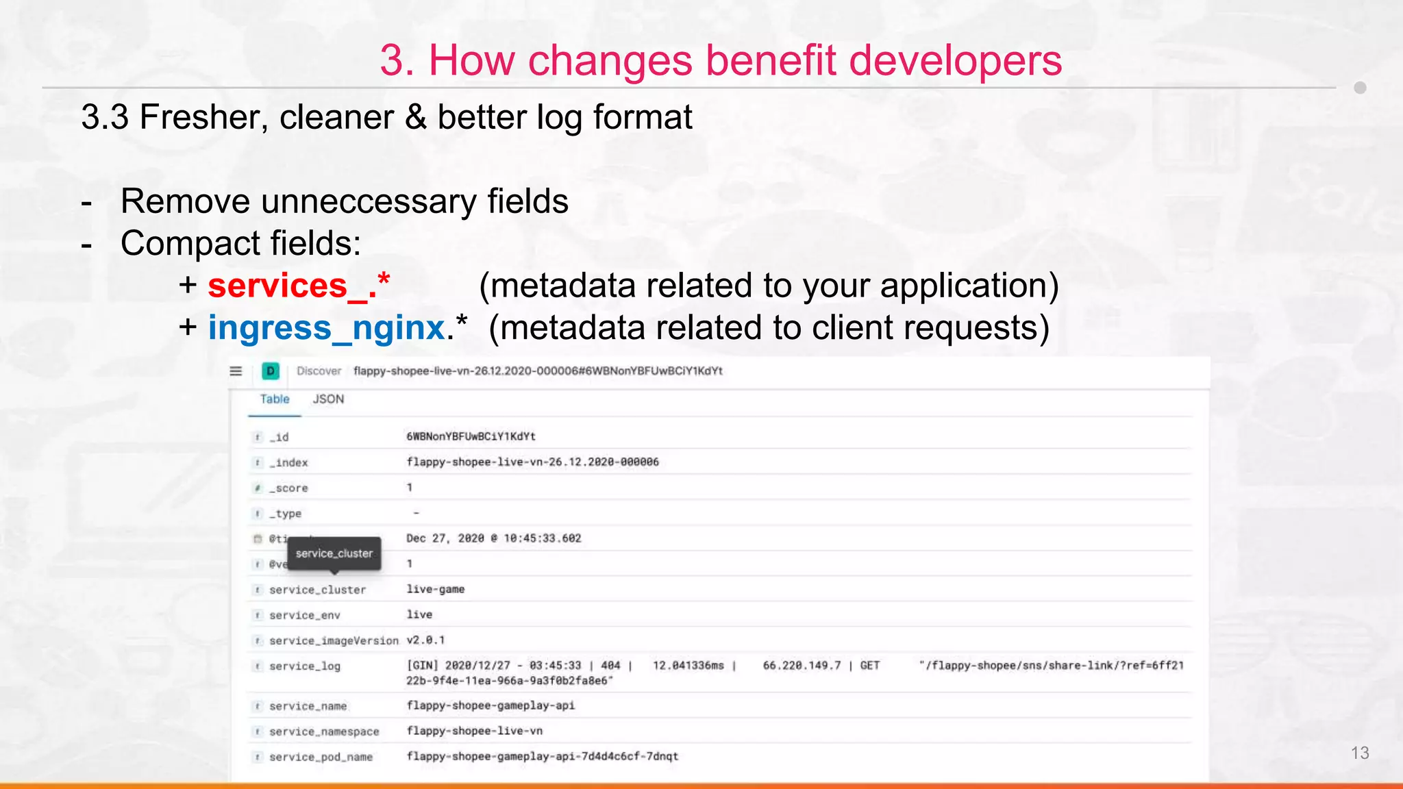 13
3. How changes benefit developers
3.3 Fresher, cleaner & better log format
- Remove unneccessary fields
- Compact fields:
+ services_.* (metadata related to your application)
+ ingress_nginx.* (metadata related to client requests)
 