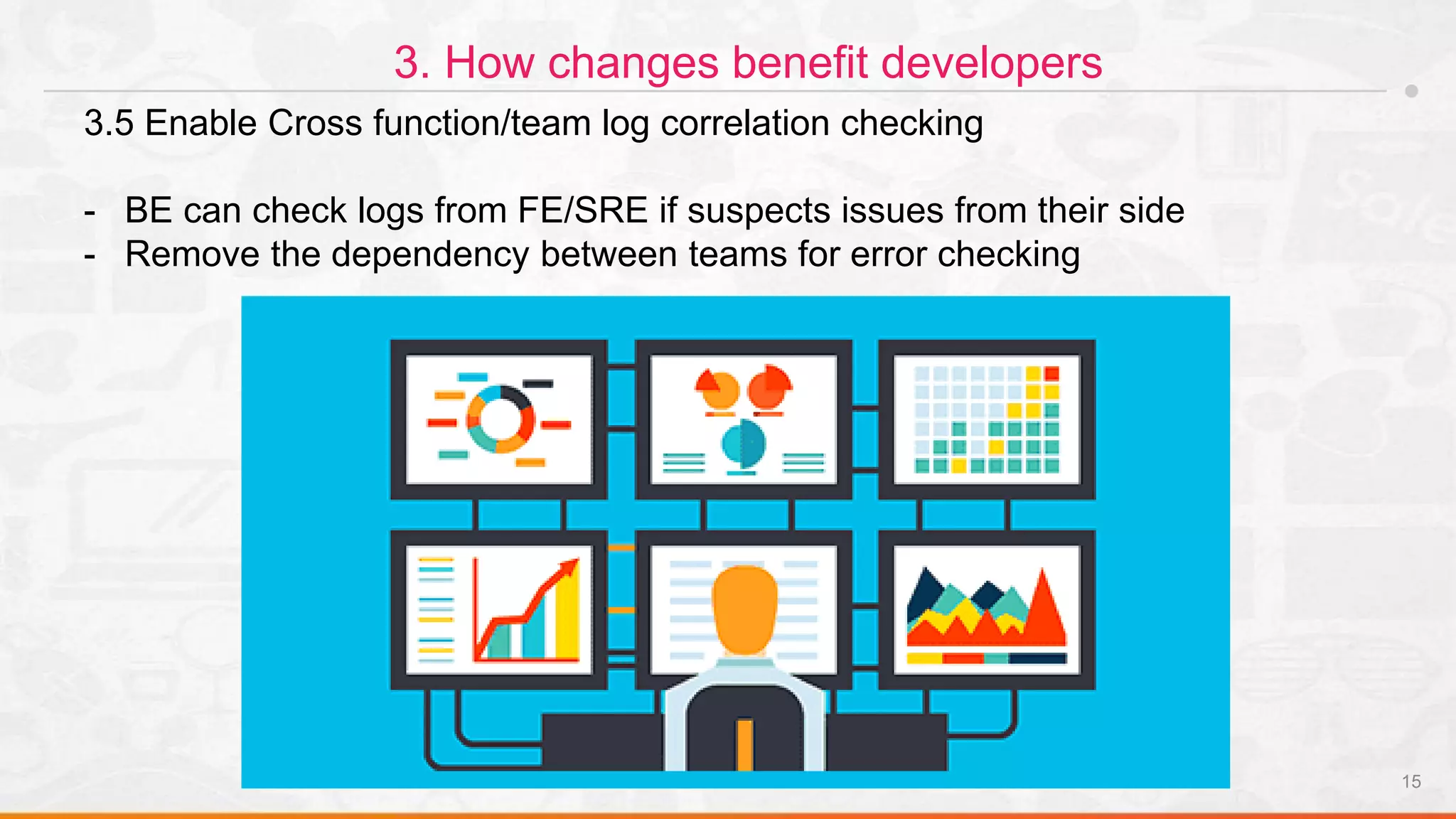 15
3. How changes benefit developers
3.5 Enable Cross function/team log correlation checking
- BE can check logs from FE/SRE if suspects issues from their side
- Remove the dependency between teams for error checking
 