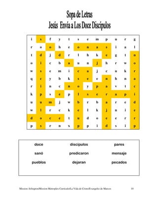 i       s        f       y        t       s        e       m       p         u       r        g

          r       o        o       h        e       o       n        a        s        i       a        l

          t       d        j       d        r       l       h        k        e        g       t        n

          o       i        c       b        a       u       n        j       h         r   w            o

         w        s        e       m        i       c        a       j        c        u       k        r

          q       c        y       b        k       s        e       e       n         h       n        a

          r       i        n       c        n       o        y       p        a        v       t        c

          k       p        s       e        p       l        s       e        r        a       p        i

          u       u       m        j       w        b        r       b        a        r       e        d

         w        l        r       c        k       e        l       k        j        n       i        e

          d       o        c       e        t       u       d        o        e        e       r        r

          p       s        r       n        x       p       p        i       d         s       i        p




              doce                              discípulos                             pares

              sanó                           predicaron                               mensaje

           pueblos                               dejaran                              pecados




Mission Arlington/Mission Metroplex Currículo/La Vida de Cristo/Evangelio de Marcos                10
 