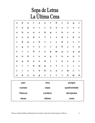 o       d       a        t       n        a       r        b        e          u     q    c

       l       a       p        a        s       c       u        a        e          r     o    c

       o       b       a        n       e        h       p        r        b          r     o    s

       y       o       n        d       c        l       r        z        d          r     k    o

       i       d       p        o       b        t        s       e        d          e      e   l

       r       g       o        r       o        r       r        a        b          y      r   u

       e       l       r        b       e        o       p       m         g          e     g    p

       a       w       h        r       o        u       g        i       w           a     n    i

      n        q       b        n       a        d       c        t        n          s     a    c

       e       v        i       h       m        p       x        l        e          e      s   s

       c       v       x        c       w        h       o        u        r          m      e   i

       o       d       a        u       p        e       r        c        i          b     m    d


              pan                                 vino                                sangre

           cuerpo                                copa                           quebrantado

           Pascua                              cordero                            discípulos

             mesa                                última                                   cena




Mission Arlington/Mission Metroplex Currículo/La Vida de Cristo/Evangelio de Marcos              8
 