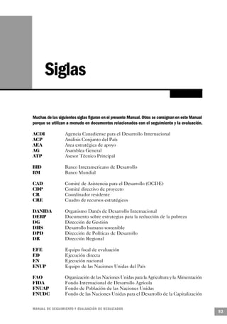 Siglas

Muchas de las siguientes siglas figuran en el presente Manual. Otras se consignan en este Manual
porque se utilizan a menudo en documentos relacionados con el seguimiento y la evaluación.

ACDI              Agencia Canadiense para el Desarrollo Internacional
ACP               Análisis Conjunto del País
AEA               Area estratégica de apoyo
AG                Asamblea General
ATP               Asesor Técnico Principal

BID                Banco Interamericano de Desarrollo
BM                 Banco Mundial

CAD                Comité de Asistencia para el Desarrollo (OCDE)
CDP                Comité directivo de proyecto
CR                 Coordinador residente
CRE                Cuadro de recursos estratégicos

DANIDA             Organismo Danés de Desarrollo Internacional
DERP               Documento sobre estrategias para la reducción de la pobreza
DG                 Dirección de Gestión
DHS                Desarrollo humano sostenible
DPD                Dirección de Políticas de Desarrollo
DR                 Dirección Regional

EFE                Equipo focal de evaluación
ED                 Ejecución directa
EN                 Ejecución nacional
ENUP               Equipo de las Naciones Unidas del País

FAO               Organización de las Naciones Unidas para la Agricultura y la Alimentación
FIDA              Fondo Internacional de Desarrollo Agrícola
FNUAP             Fondo de Población de las Naciones Unidas
FNUDC             Fondo de las Naciones Unidas para el Desarrollo de la Capitalización


M A N UAL DE SEGUIMIENTO Y EVA L UACIÓN DE RESULTADOS
                                                                                                   93
 