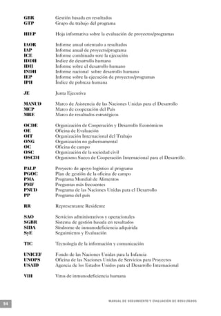 GBR      Gestión basada en resultados
     GTP      Grupo de trabajo del programa

     HIEP     Hoja informativa sobre la evaluación de proyectos/programas

     IAOR     Informe anual orientado a resultados
     IAP      Informe anual de proyecto/programa
     ICE      Informe combinado sore la ejecución
     IDDH     Indice de desarrollo humano
     IDH      Informe sobre el desarrollo humano
     INDH     Informe nacional sobre desarrollo humano
     IEP      Informe sobre la ejecución de proyectos/programas
     IPH      Índice de pobreza humana

     JE       Junta Ejecutiva

     MANUD    Marco de Asistencia de las Naciones Unidas para el Desarrollo
     MCP      Marco de cooperación del País
     MRE      Marco de resultados estratégicos

     OCDE     Organización de Cooperación y Desarrollo Económicos
     OE       Oficina de Evaluación
     OIT      Organización Internacional del Trabajo
     ONG      Organización no gubernamental
     OC       Oficina de campo
     OSC      Organización de la sociedad civil
     OSCDI    Organismo Sueco de Cooperación Internacional para el Desarrollo

     PALP     Proyecto de apoyo logístico al programa
     PGOC     Plan de gestión de la oficina de campo
     PMA      Programa Mundial de Alimentos
     PMF      Preguntas más frecuentes
     PNUD     Programa de las Naciones Unidas para el Desarrollo
     PP       Programa del país

     RR       Representante Residente

     SAO      Servicios administrativos y operacionales
     SGBR     Sistema de gestión basada en resultados
     SIDA     Síndrome de inmunodeficiencia adquirida
     SyE      Seguimiento y Evaluación

     TIC      Tecnología de la información y comunicación

     UNICEF   Fondo de las Naciones Unidas para la Infancia
     UNOPS    Oficina de las Naciones Unidas de Servicios para Proyectos
     USAID    Agencia de los Estados Unidos para el Desarrollo Internacional

     VIH      Virus de inmunodeficiencia humana




                                        M A N UAL DE SEGUIMIENTO Y EVA L UACIÓN DE RESULTADOS
94
 