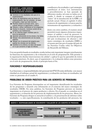 RECUADRO 2: ¿COMO GERENTE                                                 contribuyen a los resultados y qué estrategias
                        DE PROGRAMA, QUÉ NECESITO                                                 contribuyen al éxito. Los instrumentos
                        HACER DE MANERA DIFERENTE?                                                y procedimientos se han ajustado de
                                n         Centrarse en los resultados más que en la               diferentes modos, tal como se indica en el
                                          implementación.                                         cuadro 3, donde se compara el periodo
            n                             Aclarar las expectativas para las tareas de             “antes” de la introducción de la GBR y el
                                          implementación, fijar los umbrales de base              período actual. (Véase el capítulo 4 sobre
                                          principales y dejar que todo funcione.
    n                                     Planificar desde el principio cómo, qué y               el proceso de seguimiento y el anexo para los
                                          cuándo efectuar el seguimiento y evaluar.               instrumentos de seguimiento y evaluación.)
                    n                     Elaborar y utilizar indicadores en los programas.
n                                         Analizar la situación, mantener control de los
                                          cambios y sus implicancias.                             Junto con estos cambios, el examen anual
                n                         En los informes,sugerir medidas para la                 permitirá reunir algunos elementos impor-
                                          toma de decisiones.                                     tantes: el análisis a nivel de proyecto, la
        n                                 Aprender activamente de los errores y los éxitos.       evaluación de efectos a nivel del programa
                        n                 Trabajar más estrechamente con los socios
                                          externos.                                               del país (evaluaciones de efectos) y del
                                    n     Trabajar con el personal del proyecto para              marco estratégico de resultados (MRE) y
                                          explicar los vínculos con los efectos.                  el insumo provisto por el equipo del país de
                            n             Contribuir en la oficina a la labor del equipo          las Naciones Unidas sobre los Objetivos
                                          en lo que concierne al logro de efectos.
                                                                                                  de Desarrollo del Milenio.

Con una gestión basada en resultados, resulta incluso más importante integrar estrechamente
las funciones de seguimiento y de evaluación en el ciclo de programación. Ello permite a
la organización diseñar intervenciones de calidad y aplicar lo que ha aprendido de éxitos
y fracasos anteriores. Es decir, que el seguimiento y la evaluación deben estar presentes
en el ciclo de programación, desde el principio hasta el fin.

FUNCIONES Y RESPONSABILIDADES
Las funciones y responsabilidades del personal del PNUD están definidas con mayor
claridad en el enfoque actual de seguimiento y evaluación con base en resultados, tal
como se presenta en el cuadro 4.

PROBLEMAS DE ORDEN PRÁCTICO PARA LOS GERENTES DE PROGRAMA
Los Gerentes de Programa desempeñan un rol importante identificando los resultados
de los programas y situando esta información en el contexto del marco estratégico de
resultados (MER). En otras palabras, los Gerentes de Programa proveen un insumo
importante en el proceso de captar productos y efectos. En el pasado, se centraban en el
seguimiento y evaluación de los procesos de implementación de los proyectos. Ahora, los
Gerentes de Programa dirigen su atención al análisis y a la presentación de informes sobre
resultados – o, más específicamente, la contribución de los productos del proyecto, las

                                        GRÁFICO 4: RESPONSABILIDADES DE SEGUIMIENTO Y EVALUACIÓN DE LOS GERENTES DE PROGRAMA


                                                                                                   Progreso hacia los efectos a nivel de país
                                               RESPONSABILIDADES
                                                DE SEGUIMIENTO Y
                                             EVALUACIÓN DEL GERENTE
                                                 DEL PROGRAMA
                                                                                              Mejora de la producción de los productos del proyecto




EL CAMBIO HACIA UNA GESTIÓN BASADA EN RESULTA D O S
                                                                                                                                                      19
 