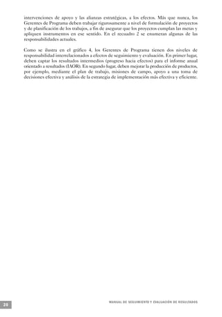 intervenciones de apoyo y las alianzas estratégicas, a los efectos. Más que nunca, los
     Gerentes de Programa deben trabajar rigurosamente a nivel de formulación de proyectos
     y de planificación de los trabajos, a fin de asegurar que los proyectos cumplan las metas y
     apliquen instrumentos en ese sentido. En el recuadro 2 se enumeran algunas de las
     responsabilidades actuales.

     Como se ilustra en el gráfico 4, los Gerentes de Programa tienen dos niveles de
     responsabilidad interrelacionados a efectos de seguimiento y evaluación. En primer lugar,
     deben captar los resultados intermedios (progreso hacia efectos) para el informe anual
     orientado a resultados (IAOR). En segundo lugar, deben mejorar la producción de productos,
     por ejemplo, mediante el plan de trabajo, misiones de campo, apoyo a una toma de
     decisiones efectiva y análisis de la estrategia de implementación más efectiva y eficiente.




                                                 M A N UAL DE SEGUIMIENTO Y EVA L UACIÓN DE RESULTADOS
20
 