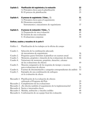 Capítulo 3.   Planificación del seguimiento y la evaluación                        23
              A. Principios claves para la planificación                           23
              B. El proceso de planificación                                       25

Capítulo 4.   El proceso de seguimiento (“Cómo....”)                               31
              A. Principios claves para el seguimiento                             32
              B. Elementos esenciales:
                  Instrumentos y mecanismos de seguimiento                         37

Capítulo 5.   El proceso de evaluación (“Cómo...”)                                 45
              A. Preparación de una evaluación                                     45
              B. Gestión de una evaluación                                         56
              C. Evaluaciones conjuntas                                            58

Graficos, cuadros y recuadros de la parte II

Gráfico 1.    Planificación de los trabajos en la oficina de campo                 24

Cuadro 1.     Selección de la combinación adecuada
              de mecanismos de seguimiento                                         36
Cuadro 2.     Preguntas guese formulan al planificar un examen anual               42
Cuadro 3.     Momento, propósito y duración de las evaluaciones de efectos         46
Cuadro 4.     Variaciones de momento, propósito, duración y alcance
              de las evaluaciones de efectos                                       49
Cuadro 5.     Muestra comparativa de los requisita de tiempo y recursos
              para evaluaciones de efectos                                         51
Cuadro 6.     Fuentes de documentación y categorías correspondientes de análisis   53
Cuadro 7.     Ejemplos de una combinación de enfoques
              en la evaluación de efecto                                           56

Recuadro 1. Planificación de la evaluación de efectos
            utilizando el Programa del País                                        29
Recuadro 2. Cumplimiento de las evaluaciones                                       29
Recuadro 3. ¿Se efectúa también el seguimiento de la implementación?               34
Recuadro 4. Socios e interesados claves                                            47
Recuadro 5. Medida, atribución y vínculos creíbles                                 48
Recuadro 6. Conformación de un equipo focal de evaluación                          54
 