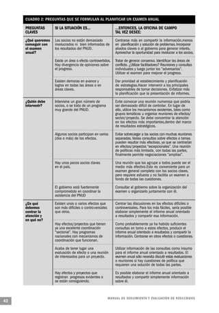 CUADRO 2: PREGUNTAS QUE SE FORMULAN AL PLANIFICAR UN EXAMEN ANUAL

     PREGUNTAS       SI LA SITUACIÓN ES…                       …ENTONCES, LA OFICINA DE CAMPO
     CLAVES                                                    TAL VEZ DESEE:
     ¿Qué queremos   Los socios no están demasiado             Centrarse más en compartir la información,menos
     conseguir con   involucrados ni bien informados de        en planificación y solución de problemas. Incorporar
     el examen       los resultados del PNUD.                  aliados claves o al gobierno para generar interés.
     anual?                                                    Aprovechar la oportunidad para involucrar a los socios.
                     Existe un área o efecto controvertidos.   Tratar de generar consenso. Identificar las áreas de
                     Hay divergencia de opiniones sobre        conflicto. ¿Utilizar facilitadores? Reuniones y consultas
                     el progreso.                              individuales y luego juntar los “adversarios”.
                                                               Utilizar el examen para mejorar el progreso.
                     Existen demoras en avance y               Dar prioridad al establecimiento y planificación
                     logros en todas las áreas o en            de estrategias.Hacer intervenir a los principales
                     áreas claves.                             responsables de tomar decisiones. Enfatizar más
                                                               la planificación que la presentación de informes.
     ¿Quién debe     Interviene un gran número de              Evite convocar una reunión numerosa que podría
     intervenir?     socios, o se trata de un programa         ser demasiado difícil de controlar. En lugar de
                     muy grande del PNUD.                      ello, utilice los mecanismos existentes, tales como
                                                               grupos temáticos u organice reuniones de efectos/
                                                               sector/proyecto. Se debe concentrar la atención
                                                               en los efectos más importantes,dentro del marco
                                                               de resultados estratégicos.
                     Algunos socios participan en varios       Evitar sobrecargar a los socios con muchas reuniones
                     (dos o más) de los efectos.               separadas. Varias consultas sobre efectos o temas
                                                               pueden resultar más efectivas, ya que se centrarían
                                                               en efectos/proyectos “excepcionales”. Una reunión
                                                               de políticas más limitada, con todas las partes,
                                                               finalmente permite negociaciones “amplias”.
                     Hay unos pocos socios claves              Una reunión que los agrupe a todos puede ser el
                     en el país.                               medio más efectivo.Esto es conveniente para un
                                                               examen general completo con los socios claves,
                                                               pero requiere esfuerzo y no facilita un examen a
                                                               fondo de todas las cuestiones.
                     El gobierno está fuertemente              Consultar al gobierno sobre la organización del
                     comprometido en coordinar la              examen u organizarlo juntamente con él.
                     asistencia del PNUD

     ¿En qué         Existen unos o varios efectos que         Centrar las discusiones en los efectos difíciles o
     debemos         son más difíciles o controversiales       controversiales. Para los más fáciles, sería posible
     centrar la      que otros.                                elaborar simplemente el informe anual orientado
     atención y                                                a resultados y compartir esa información.
     en qué no?
                     Hay efectos/proyectos que tienen          Como probablemente ya ha habido suficientes
                     ya una excelente coordinación             consultas en torno a estos efectos, producir el
                     “sectorial”. Hay programas                informe anual orientado a resultados y compartir la
                     nacionales con mecanismos de              información. Centrarse en otros efectos o cuestiones.
                     coordinación que funcionan.
                     Acaba de tener lugar una                  Utilizar información de las consultas como insumo
                     evaluación de efecto o una reunión        para el informe anual orientado a resultados. El
                     de interesados para un proyecto.          examen anual sólo necesita discutir estas evaluaciones
                                                               o reuniones si hay cuestiones de política que
                                                               requieren una solución de todas las partes.
                     Hay efectos y proyectos que               Es posible elaborar el informe anual orientado a
                     registran progresos evidentes o           resultados y compartir simplemente información
                     se están consiguiendo.                    sobre él.



                                                           M A N UAL DE SEGUIMIENTO Y EVA L UACIÓN DE RESULTADOS
42
 