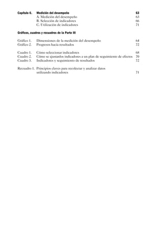 Capítulo 6.   Medición del desempeño                                            63
              A. Medición del desempeño                                         63
              B. Selección de indicadores                                       66
              C. Utilización de indicadores                                     71

Gráficos, cuadros y recuadros de la Parte III

Gráfico 1.    Dimensiones de la medición del desempeño                          64
Gráfico 2.    Progresos hacia resultados                                        72

Cuadro 1.     Cómo seleccionar indicadores                                       68
Cuadro 2.     Cómo se ajustanlos indicadores a un plan de seguimiento de efectos 70
Cuadro 3.     Indicadores y seguimiento de resultados                            72

Recuadro 1. Principios claves para recolectar y analizar datos
            utilizando indicadores                                              71
 