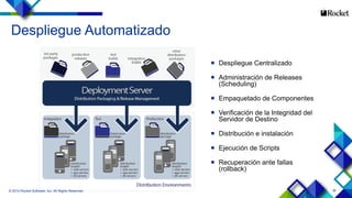 36
Despliegue Automatizado
© 2014 Rocket Software, Inc. All Rights Reserved.
 Despliegue Centralizado
 Administración de Releases
(Scheduling)
 Empaquetado de Componentes
 Verificación de la Integridad del
Servidor de Destino
 Distribución e instalación
 Ejecución de Scripts
 Recuperación ante fallas
(rollback)
 