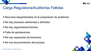 7
Carga Regulatoria/Auditorías Fallidas
 Recursos desperdiciados en la preparación de auditorías
 No hay procesos coherentes y definidos
 No hay seguimiento/informes
 Falta de aprobaciones
 No hay separación de funciones
 No hay documentación del proceso
© 2014 Rocket Software, Inc. All Rights Reserved.
 