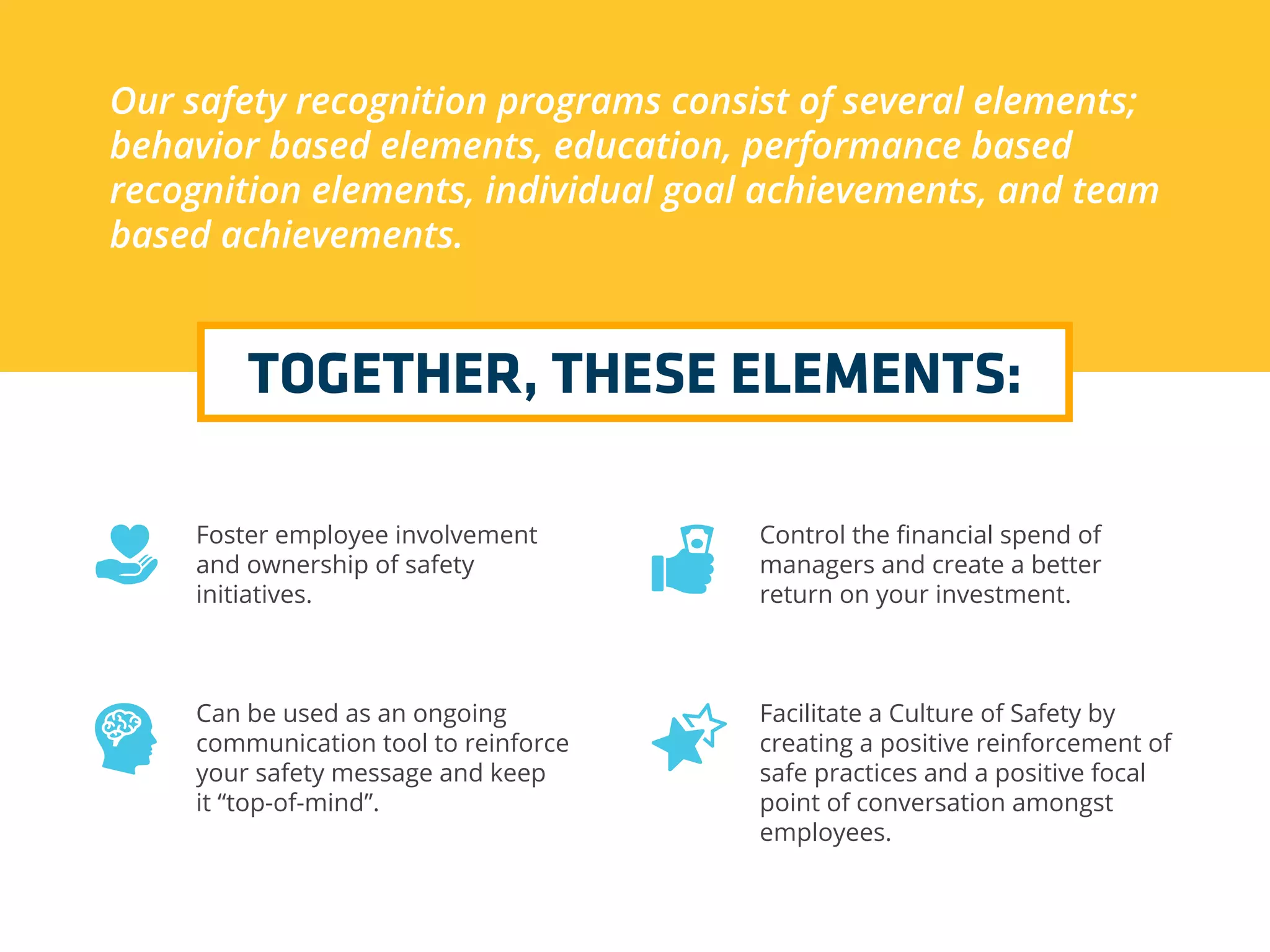Our safety recognition programs consist of several elements;
behavior based elements, education, performance based
recognition elements, individual goal achievements, and team
based achievements.
TOGETHER, THESE ELEMENTS:
Foster employee involvement
and ownership of safety
initiatives.
Can be used as an ongoing
communication tool to reinforce
your safety message and keep
it “top-of-mind”.
Control the ﬁnancial spend of
managers and create a better
return on your investment.
Facilitate a Culture of Safety by
creating a positive reinforcement of
safe practices and a positive focal
point of conversation amongst
employees.
 