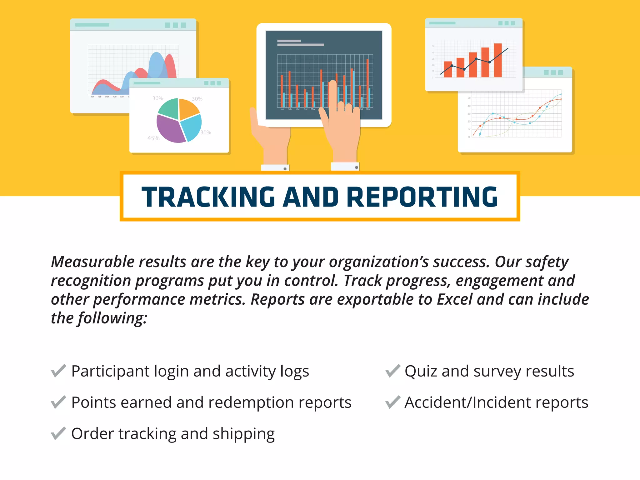 TRACKING AND REPORTING
Measurable results are the key to your organization’s success. Our safety
recognition programs put you in control. Track progress, engagement and
other performance metrics. Reports are exportable to Excel and can include
the following:
Participant login and activity logs Quiz and survey results
Points earned and redemption reports Accident/Incident reports
Order tracking and shipping
 