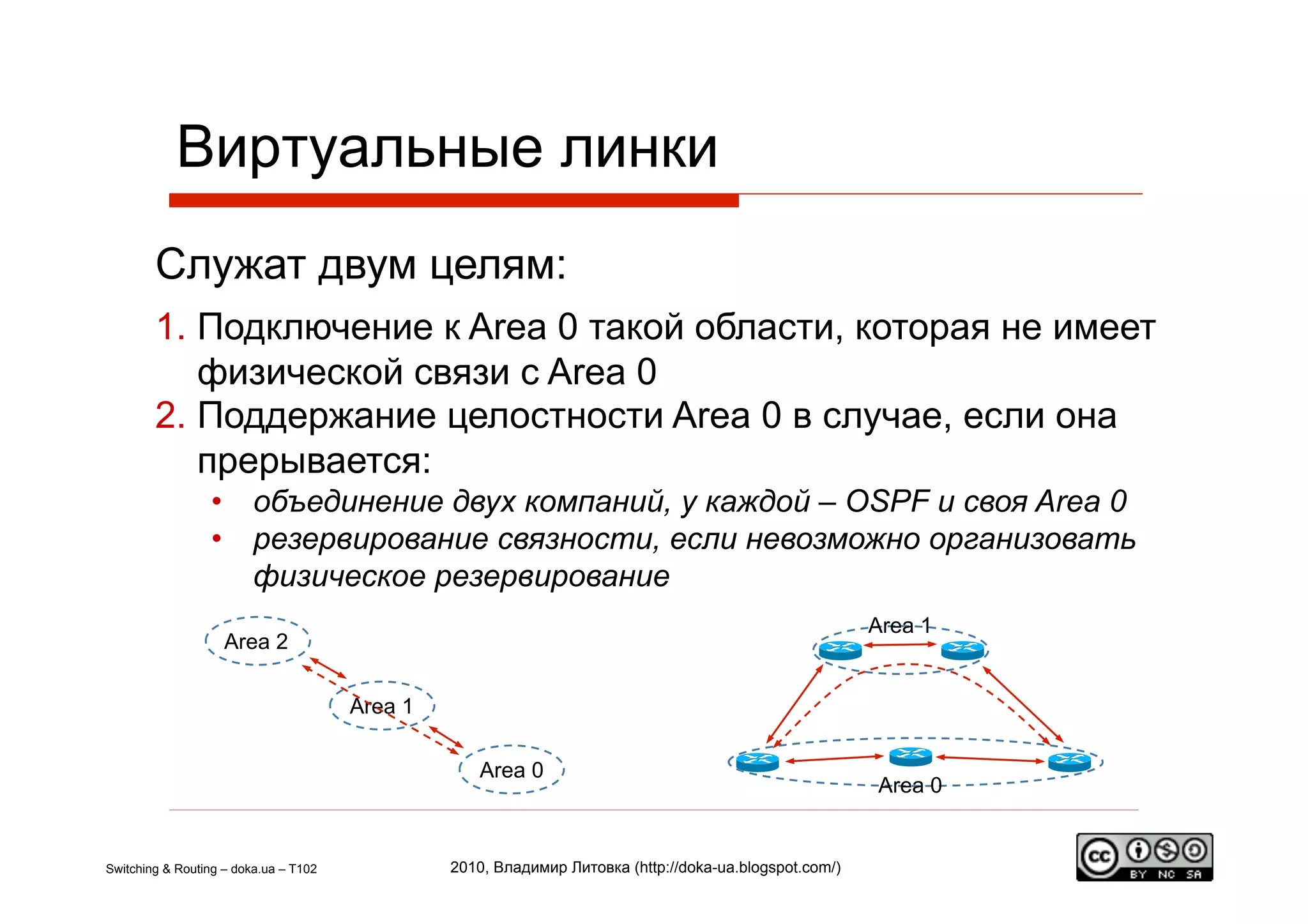 Виртуальные линки
        Служат двум целям:
        1.  Подключение к Area 0 такой области, которая не имеет
            физической связи с Area 0
        2.  Поддержание целостности Area 0 в случае, если она
            прерывается:
                 •  объединение двух компаний, у каждой – OSPF и своя Area 0
                 •  резервирование связности, если невозможно организовать
                    физическое резервирование
                                                                                                        Area 1
                    Area 2

                                       Area 1

                                                   Area 0
                                                                                                        Area 0


Switching & Routing – doka.ua – T102            2010, Владимир Литовка (http://doka-ua.blogspot.com/)
 