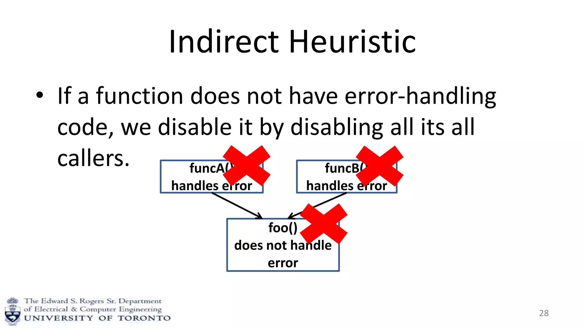 Indirect Heuristic
• If a function does not have error-handling
code, we disable it by disabling all its all
callers.
28
foo()
does not handle
error
funcB()
handles error
funcA()
handles error
 