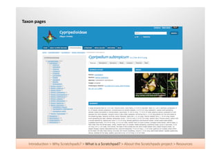 Taxon	
  pages	
  




    Introduc+on	
  >	
  Why	
  Scratchpads?	
  >	
  What	
  is	
  a	
  Scratchpad?	
  >	
  About	
  the	
  Scratchpads	
  project	
  >	
  Resources	
  
 