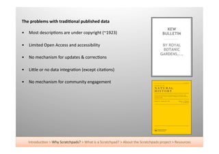 The	
  problems	
  with	
  tradi9onal	
  published	
  data	
  

•  Most	
  descrip+ons	
  are	
  under	
  copyright	
  (~1923)	
  

•  Limited	
  Open	
  Access	
  and	
  accessibility	
  

•  No	
  mechanism	
  for	
  updates	
  &	
  correc+ons	
  

•  LiUle	
  or	
  no	
  data	
  integra+on	
  (except	
  cita+ons)	
  

•  No	
  mechanism	
  for	
  community	
  engagement	
  




    Introduc+on	
  >	
  Why	
  Scratchpads?	
  >	
  What	
  is	
  a	
  Scratchpad?	
  >	
  About	
  the	
  Scratchpads	
  project	
  >	
  Resources	
  
 
